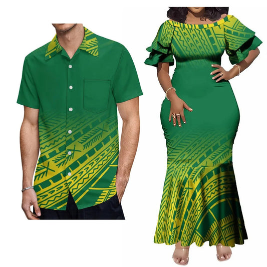 Polynesian Tribal Pattern Green Gradient Style Matching Outfit For Couple Women's Short-Sleeved Mermaid Long Dress Men Hawaii Shirt