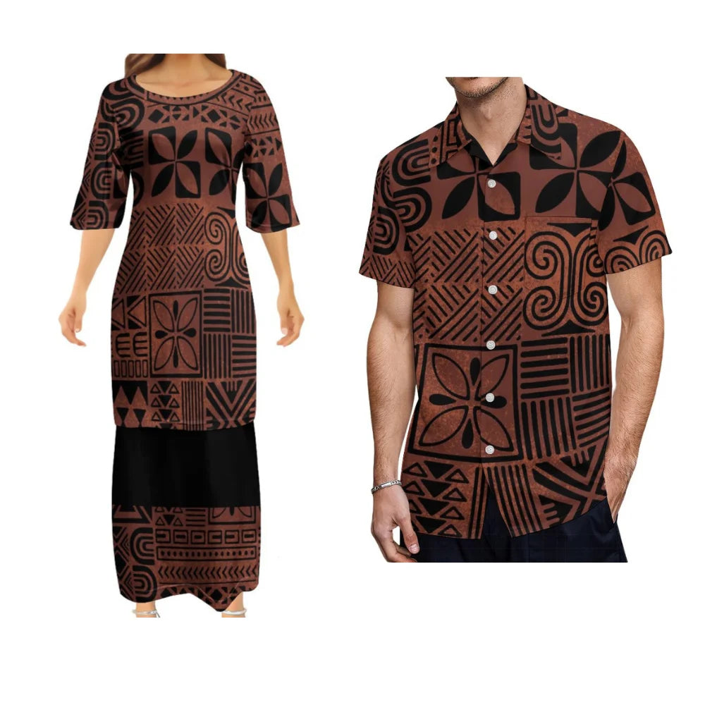 Samoan Polynesian Tribal Retro Art Island Women's Puletasi Summer Couple Suit Men's Shirt Women's Long Dress