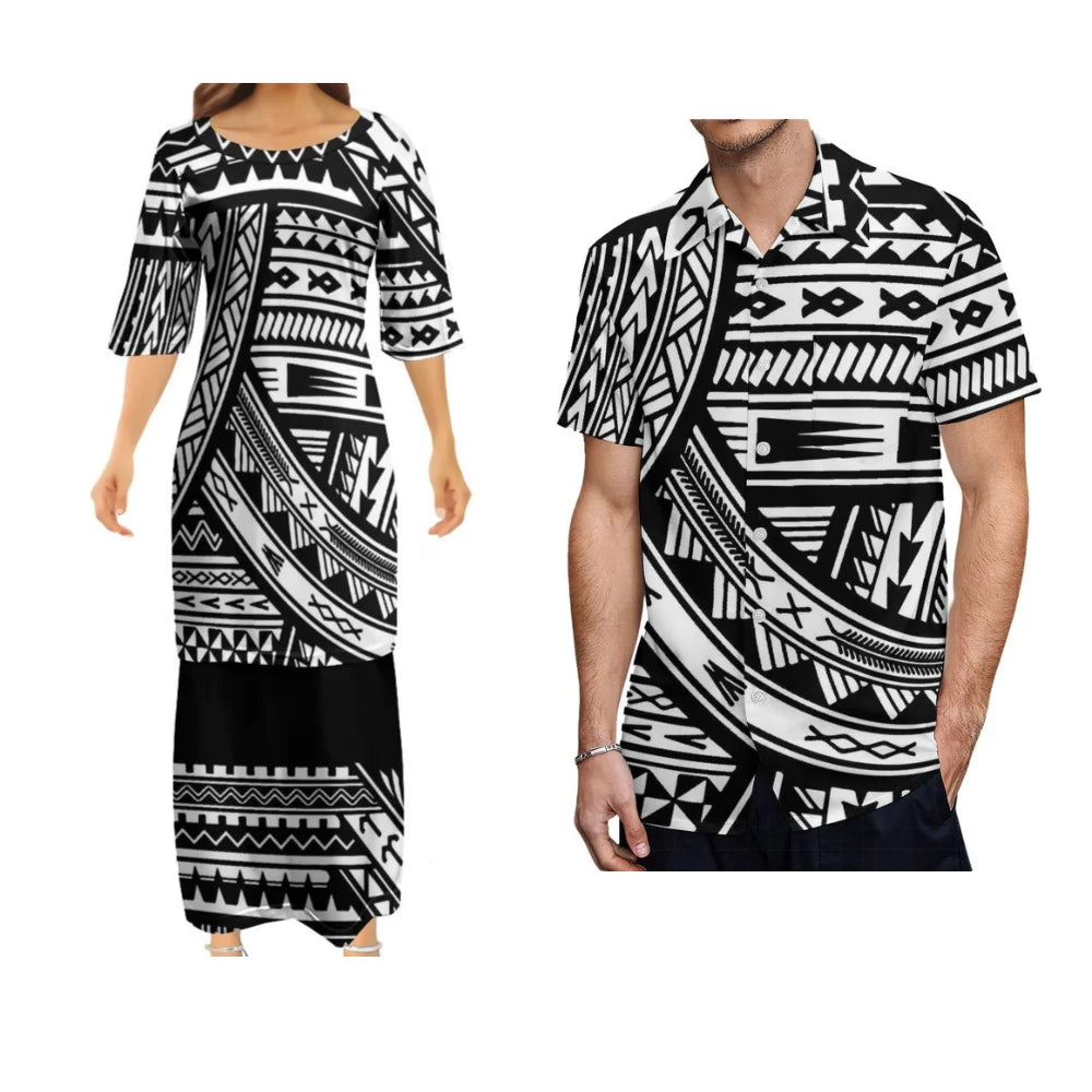 Samoan Polynesian Tribal Black Island Women's Puletasi Summer Couple Suit Men's Shirt Women's Long Dress