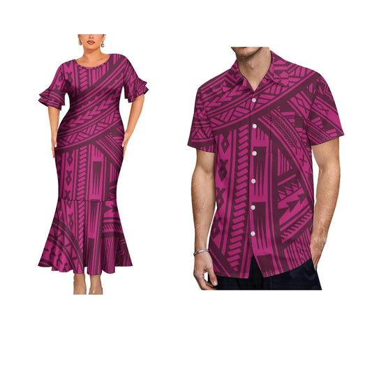 Polynesian Traditional Printed Island Fishtail Dress And Hawaiian Shirt Matching Outfit For Couple Set