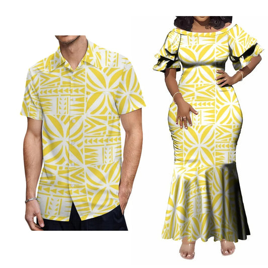 Polynesian Tribal Samoan Pattern Printed Couple Set For Her Him Tropical Short-Sleeved Fishtail Dress And Hawaiian Shirt