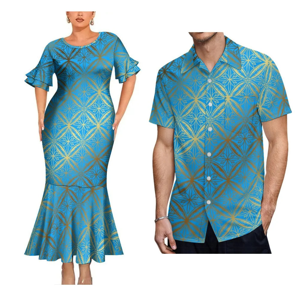 Polynesian Geometric Pattern Blue Matching Clothes For Couple Fishtail Skirt Dress And Hawaii Shirt Couple Outfit