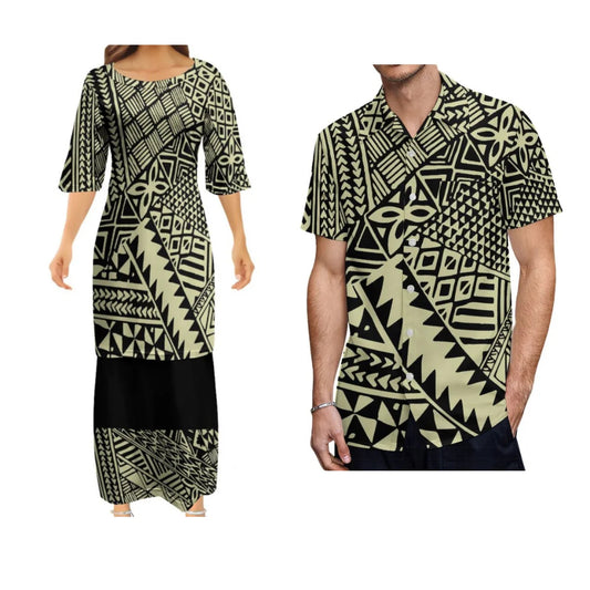 Samoan Polynesian Tribal Pattern Vintage Island Women's Puletasi Summer Couple Suit Men's Shirt Women's Long Dress