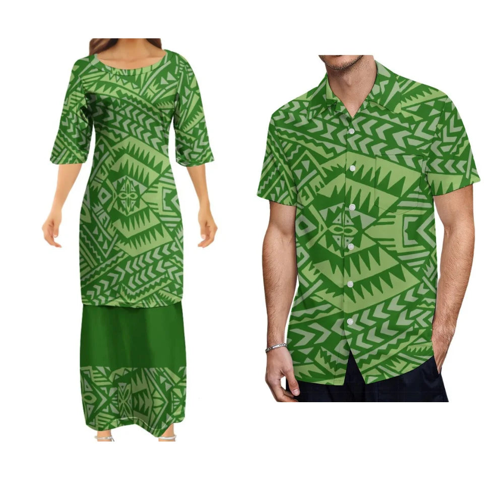 Samoan Polynesian Tribal Pattern Green Island Women's Puletasi Summer Couple Suit Men's Shirt Women's Long Dress