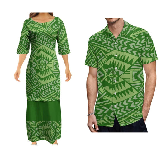 Samoan Polynesian Tribal Pattern Green Island Women's Puletasi Summer Couple Suit Men's Shirt Women's Long Dress