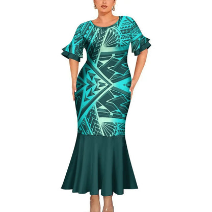 Polynesian Tribal Pattern Blue Tropical Couples Matching Outfit Fishtail Skirt Dress And Shirt For Her Him