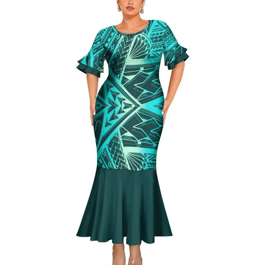 Polynesian Tribal Pattern Blue Tropical Couples Matching Outfit Fishtail Skirt Dress And Shirt For Her Him