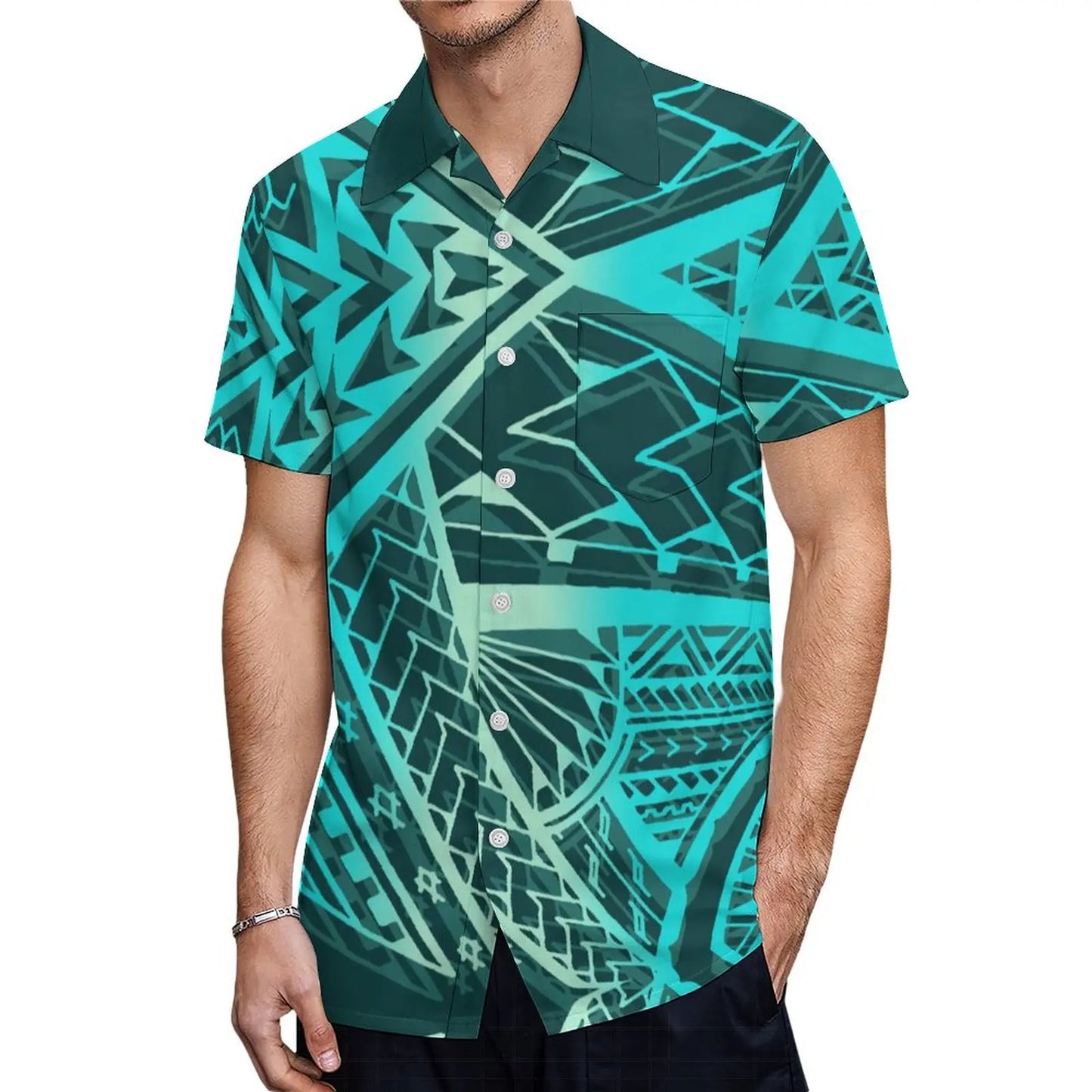 Polynesian Tribal Pattern Blue Tropical Couples Matching Outfit Fishtail Skirt Dress And Shirt For Her Him