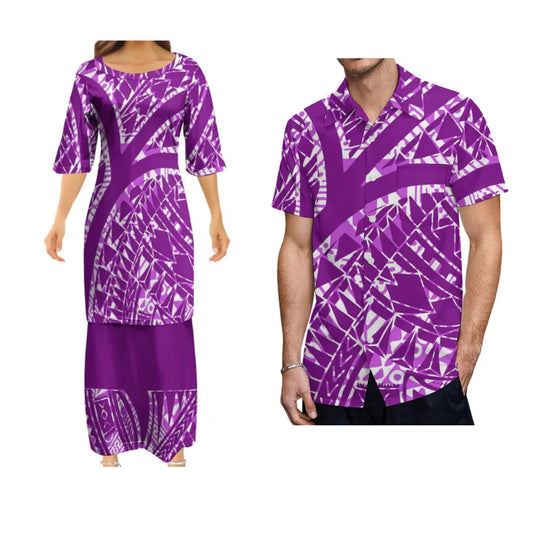 Samoan Polynesian Tribal Pattern Vintage Island Purple Women's Puletasi Summer Couple Suit Men's Shirt Women's Long Dress