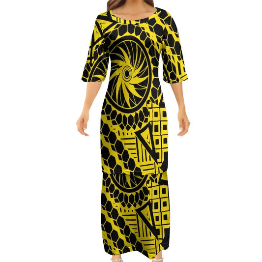 Polynesian Traditional Tribal Pattern Yellow Couple Set Puletasi Dress Man Shirt Matching Outfit