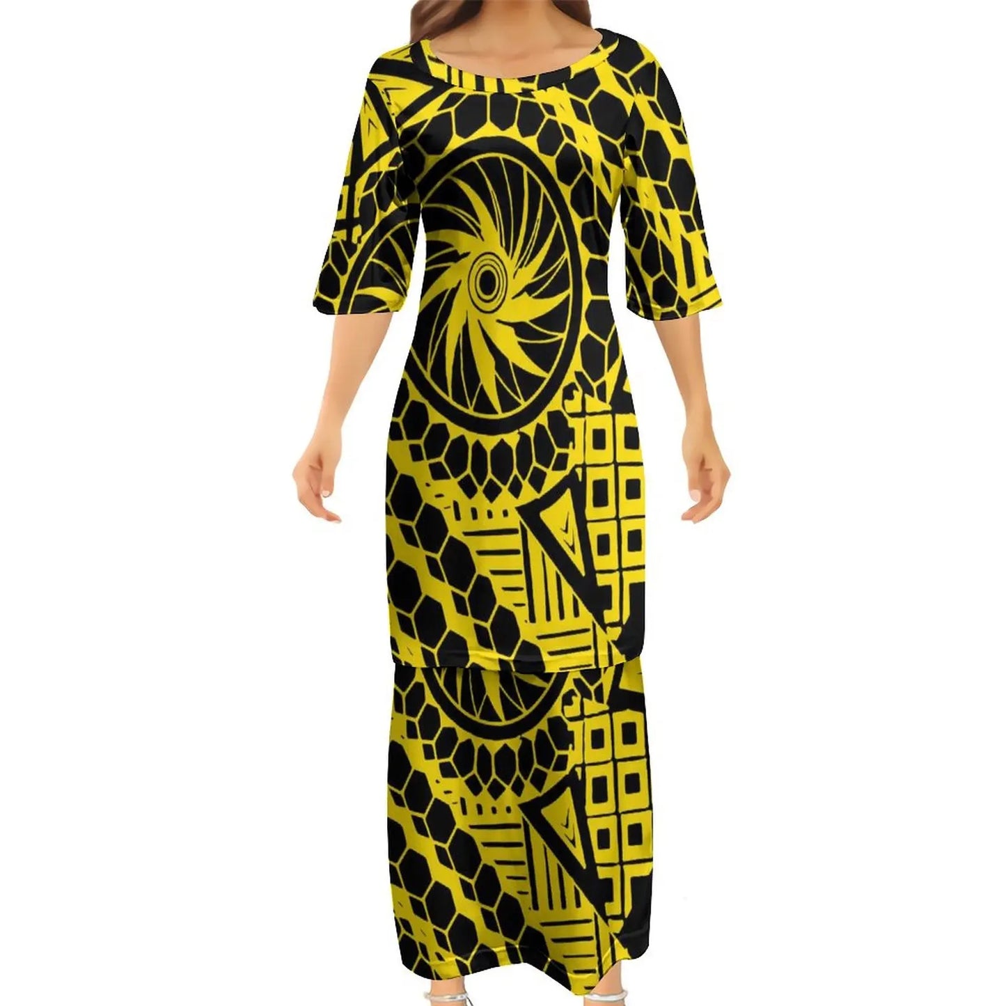 Polynesian Traditional Tribal Pattern Yellow Couple Set Puletasi Dress Man Shirt Matching Outfit