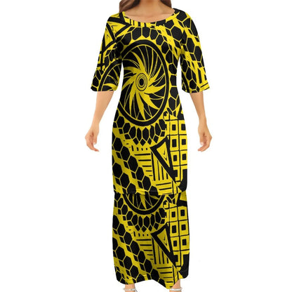 Polynesian Traditional Tribal Pattern Yellow Couple Set Puletasi Dress Man Shirt Matching Outfit