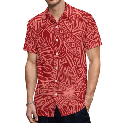 Tropical Pattern Polynesian Tribal Red Outfit For Couple Fishtail Skirt Dress And Hawaiian Shirt