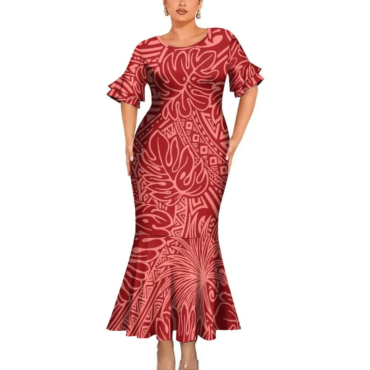 Tropical Pattern Polynesian Tribal Red Outfit For Couple Fishtail Skirt Dress And Hawaiian Shirt