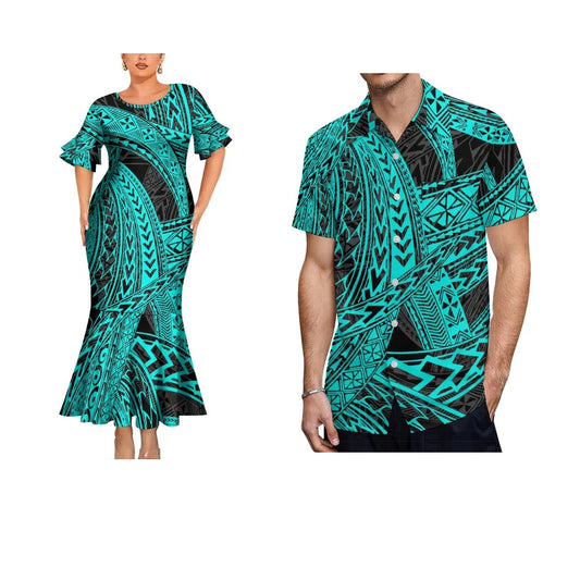 Polynesian Traditional Printed Green Fishtail Dress And Hawaiian Shirt Matching Outfit For Couple Set