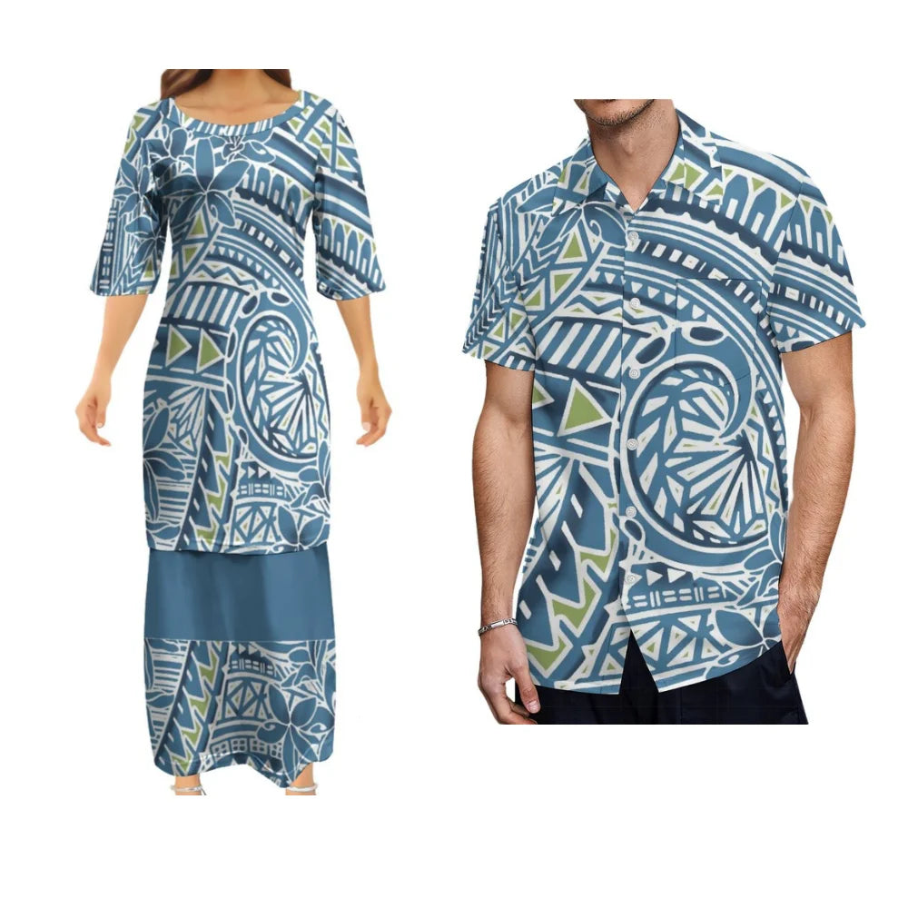 Samoa Matching Outfit Polynesian Polynesian Tribal Pattern Dress And Hawaiian Shirt Couple Set