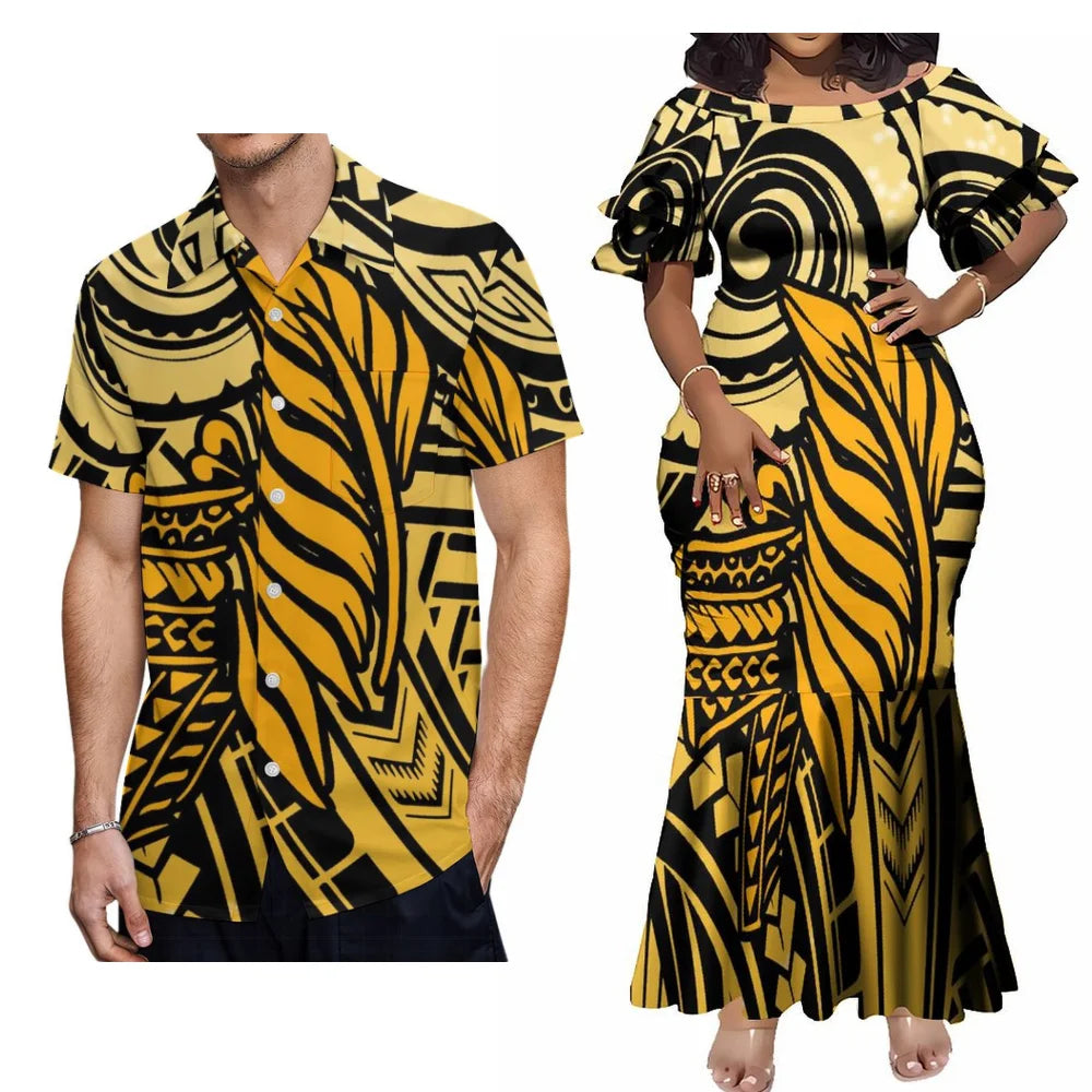 Polynesian Party Matching Outfit For Couple Yellow Island Fishtail Dress And Hawaiian Shirt