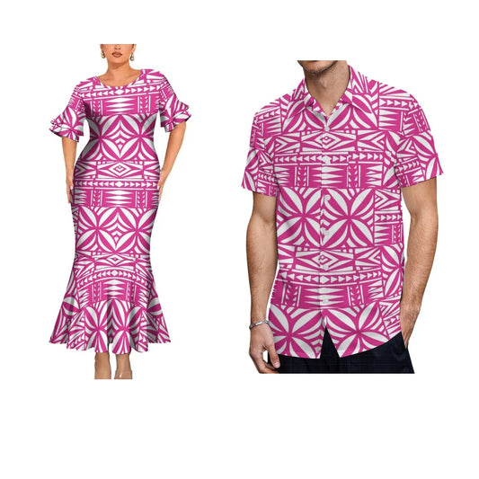 Polynesian Traditional Printed Geometric Pink Fishtail Dress And Hawaiian Shirt Matching Outfit For Couple Set