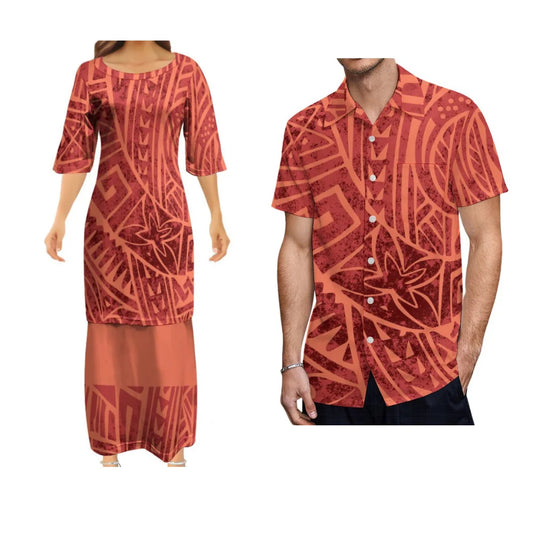 Samoa Tribal Matching Outfit Polynesian Orange Polynesian Pattern Dress And Hawaiian Shirt Couple Set