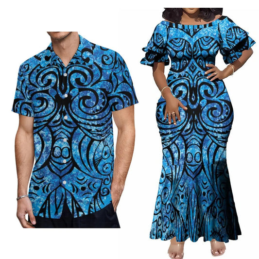 Polynesian Tribal Samoa Blue Matching Outfit For Couple Ethnic Island Women's Short-Sleeved Mermaid Dress Hawaiian Shirt