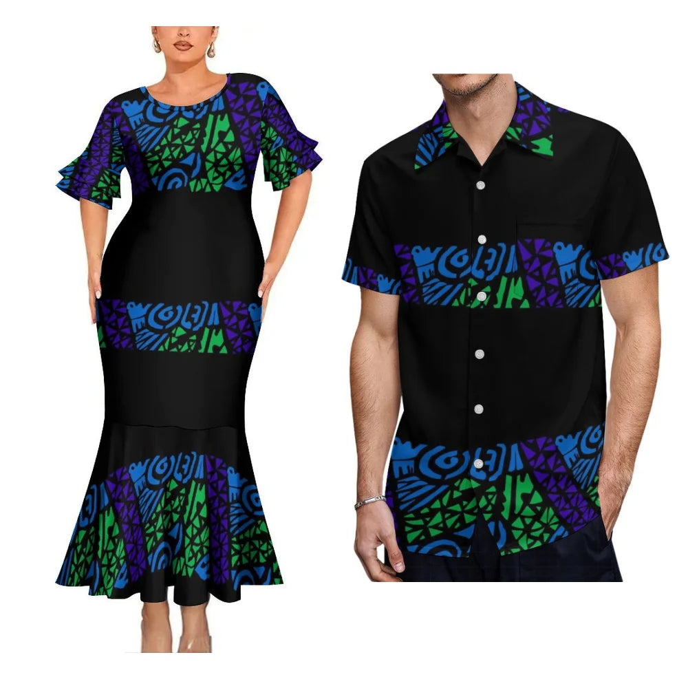 Polynesian Pattern Black Matching Clothes For Couple Fishtail Skirt Dress And Hawaii Shirt Couple Outfit