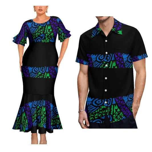 Polynesian Pattern Black Matching Clothes For Couple Fishtail Skirt Dress And Hawaii Shirt Couple Outfit