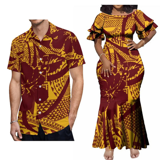 Polynesian Yellow Party Matching Outfit For Couple Flowers Island Fishtail Dress And Hawaiian Shirt