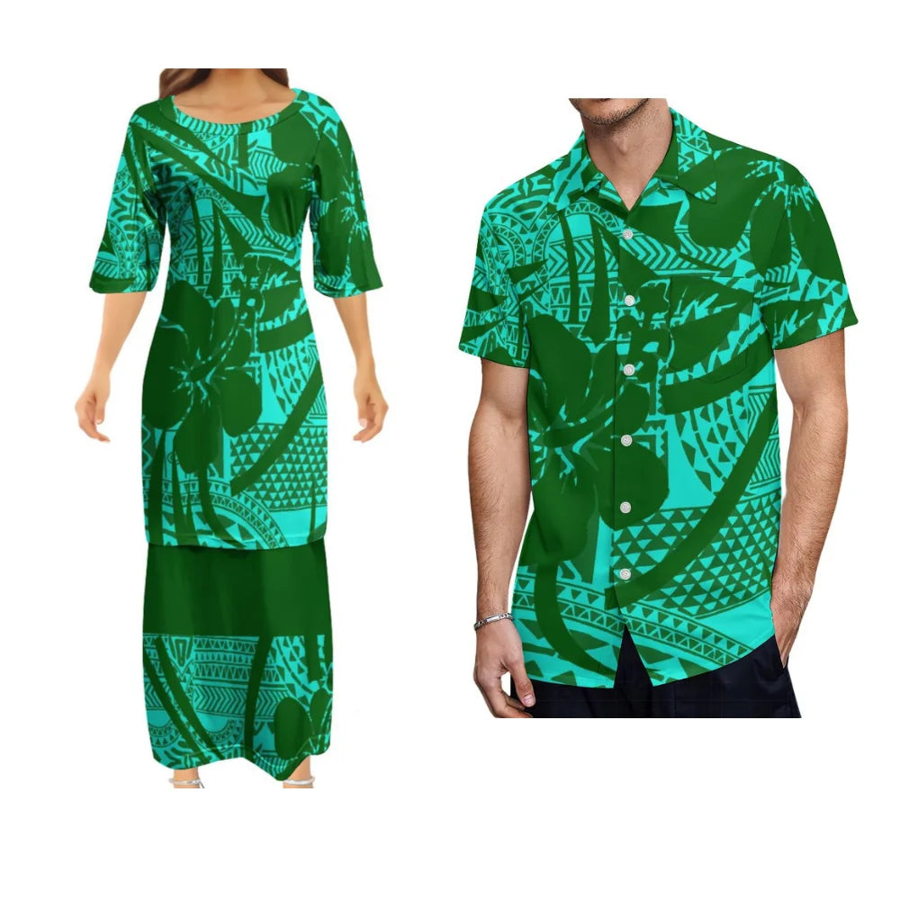 Samoa Matching Outfit Polynesian Polynesian Flowers Green Pattern Dress And Hawaiian Shirt Couple Set