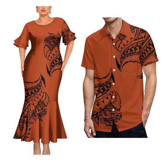 Polynesian Tribal Pattern Vintage Matching Clothes For Couple Fishtail Skirt Dress And Hawaii Shirt Couple Outfit