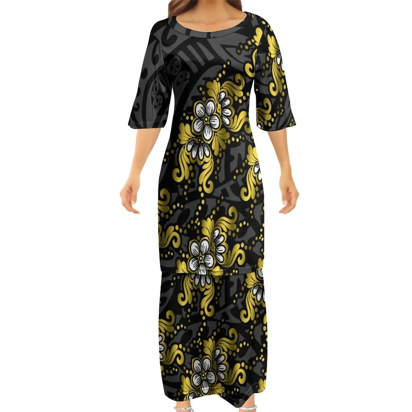 Polynesian Traditional Tribal Flowers Pattern Black Couple Set Puletasi Dress Man Shirt Matching Outfit