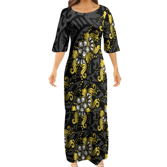 Polynesian Traditional Tribal Flowers Pattern Black Couple Set Puletasi Dress Man Shirt Matching Outfit
