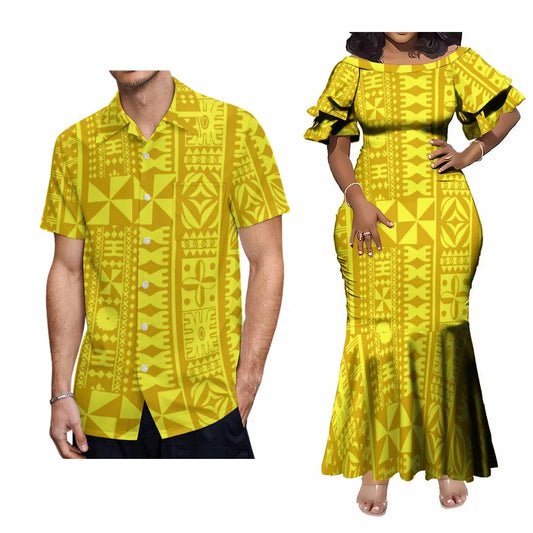Polynesian Tribal Samoan Pattern Yellow Printed Couple Set For Her Him Tropical Short-Sleeved Fishtail Dress And Hawaiian Shirt