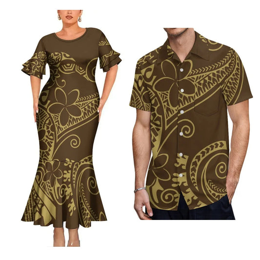 Polynesian Tribal Flowers Pattern Brown Matching Outfit For Coupler Party Island Fishtail Dress And Hawaiian Shirt For Him Her