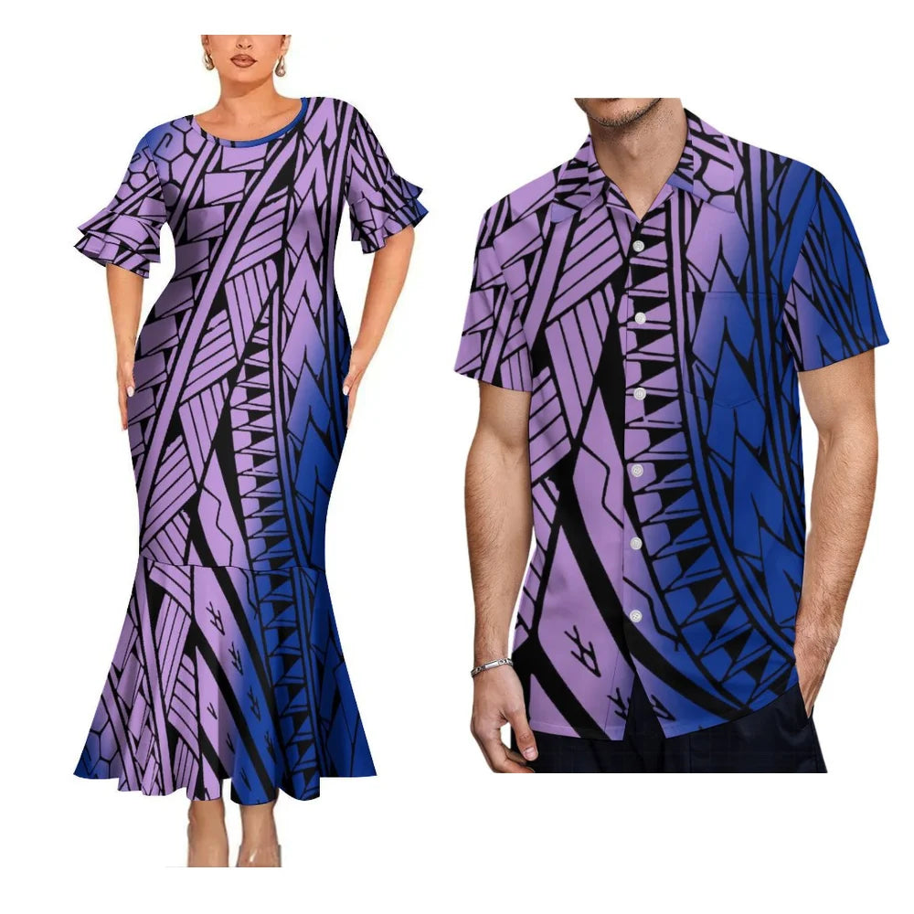 Purple Polynesian Flowers Pattern Traditional Gradient Style Matching Outfit For Coupler Party Island Fishtail Dress And Hawaiian Shirt For Him Her