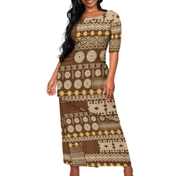Vintage Polynesian Tribal Pattern Matching Outfit For Couple Puletasi Dress Man Shirt Party Set