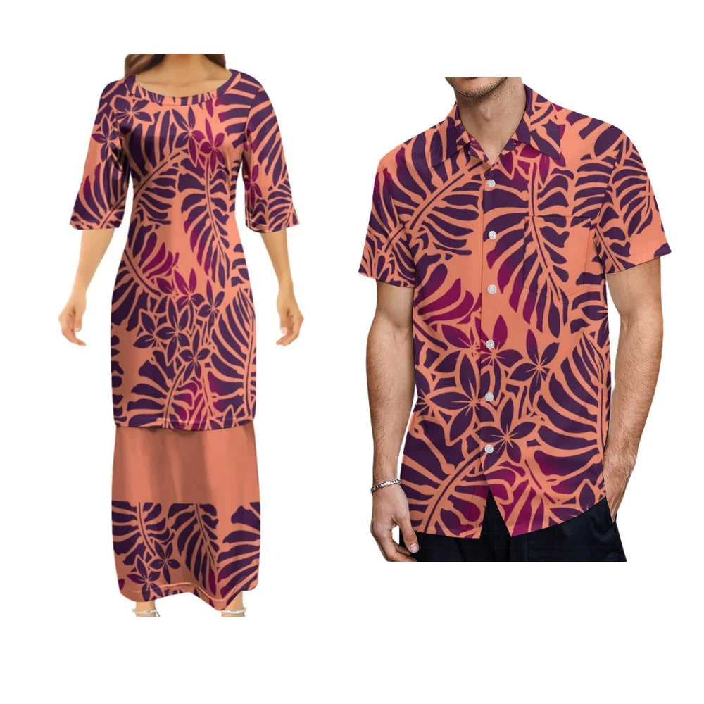 Samoan Polynesian Tribal Vintage Island Leaf Pattern Women's Puletasi Summer Couple Suit Men's Shirt Women's Long Dress