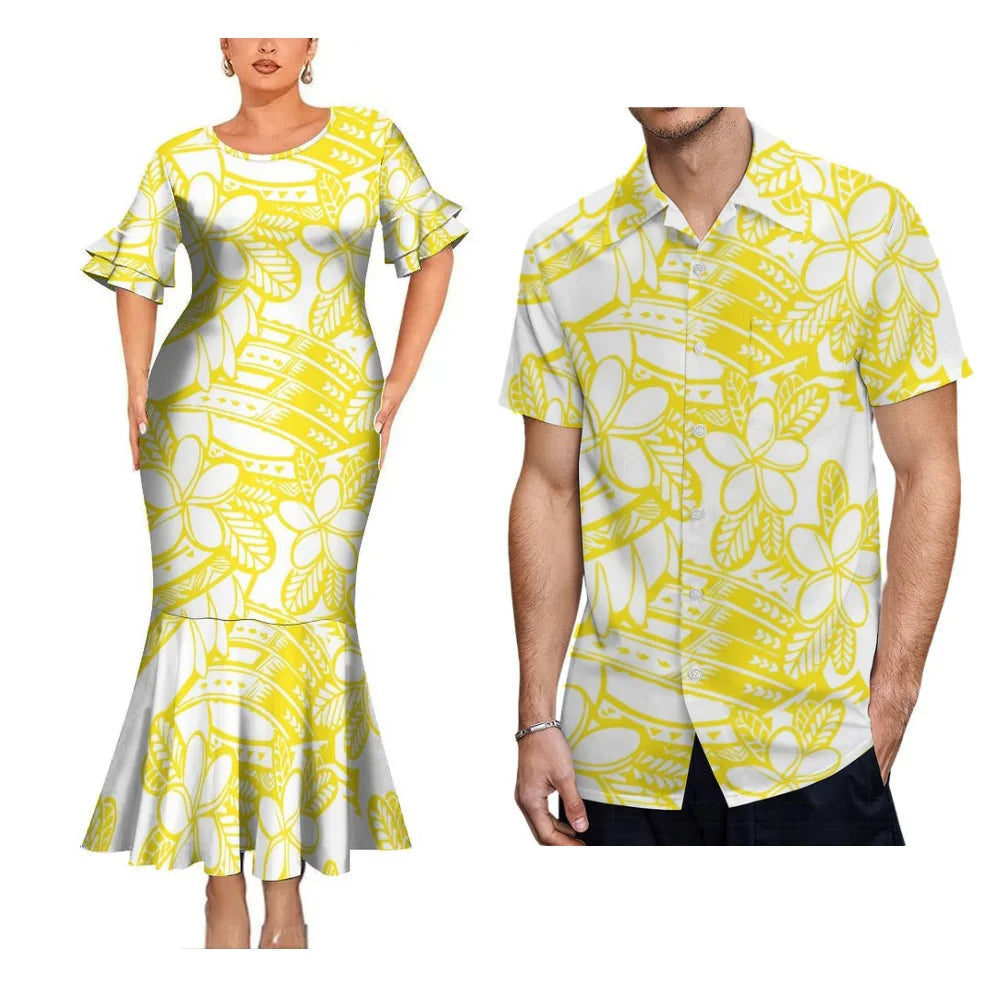 Yellow Polynesian Tribal Pattern Traditional Matching Outfit For Coupler Party Island Fishtail Dress And Hawaiian Shirt For Him Her