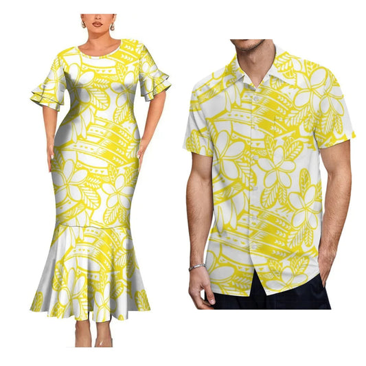 Yellow Polynesian Tribal Pattern Traditional Matching Outfit For Coupler Party Island Fishtail Dress And Hawaiian Shirt For Him Her