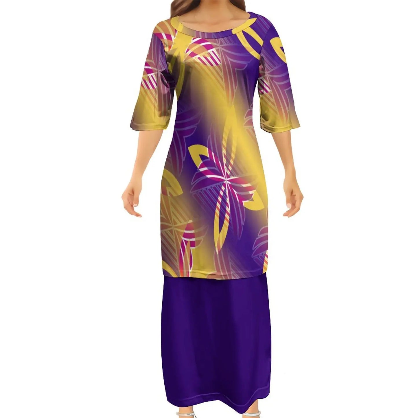 Polynesian Traditional Tribal Flowers Pattern Purple Couple Set Puletasi Dress Man Shirt Matching Outfit