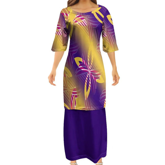 Polynesian Traditional Tribal Flowers Pattern Purple Couple Set Puletasi Dress Man Shirt Matching Outfit
