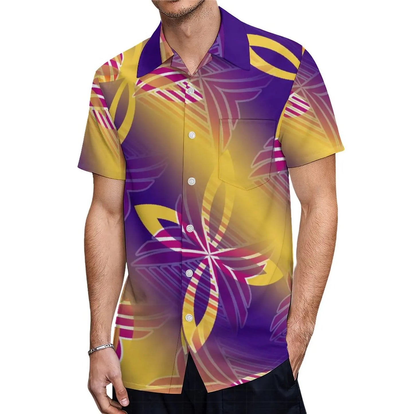 Polynesian Traditional Tribal Flowers Pattern Purple Couple Set Puletasi Dress Man Shirt Matching Outfit