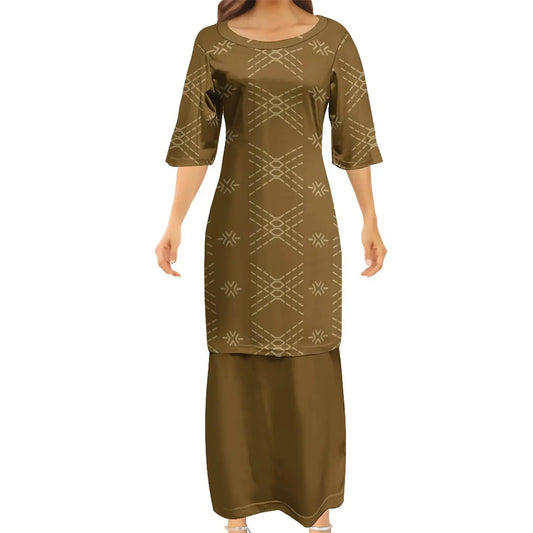 Polynesian Traditional Tribal Pattern Vintage Couple Set Puletasi Dress Man Shirt Matching Outfit