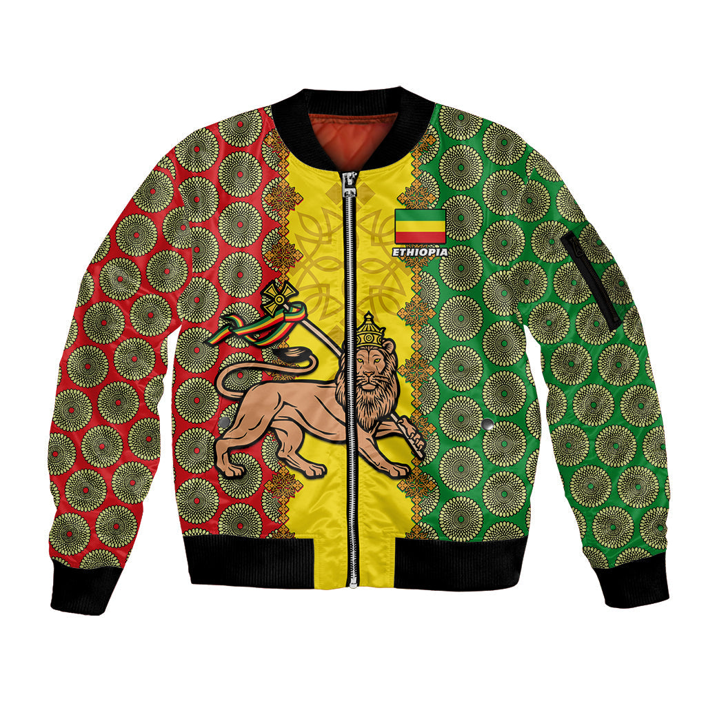 Personalised Ethiopia Sleeve Zip Bomber Jacket Ethiopian Lion Of Judah With African Pattern