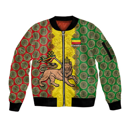 Personalised Ethiopia Sleeve Zip Bomber Jacket Ethiopian Lion Of Judah With African Pattern