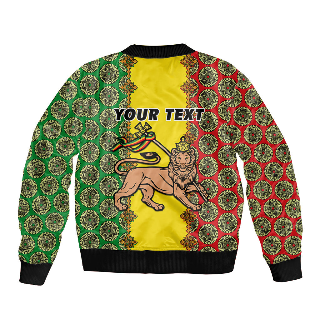 Personalised Ethiopia Sleeve Zip Bomber Jacket Ethiopian Lion Of Judah With African Pattern
