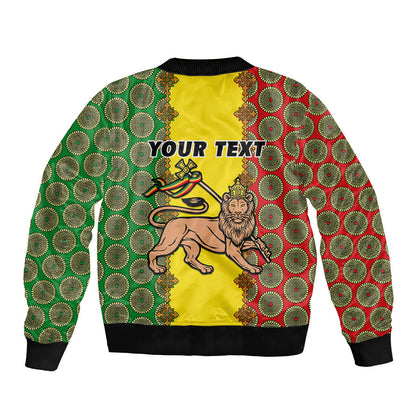 Personalised Ethiopia Sleeve Zip Bomber Jacket Ethiopian Lion Of Judah With African Pattern
