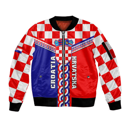 Croatia Sleeve Zip Bomber Jacket Hrvatska Interlace With Coat Of Arms