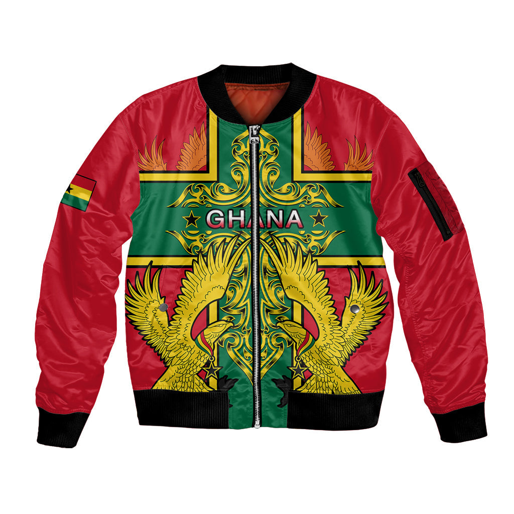 Custom Ghana Sleeve Zip Bomber Jacket Ghana Cross Of Saint George With Tawny Eagles LT01