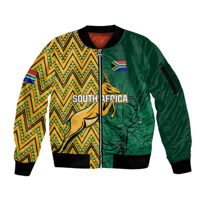 Personalised South Africa Sleeve Zip Bomber Jacket Springbok and Proteas African Pattern LT01