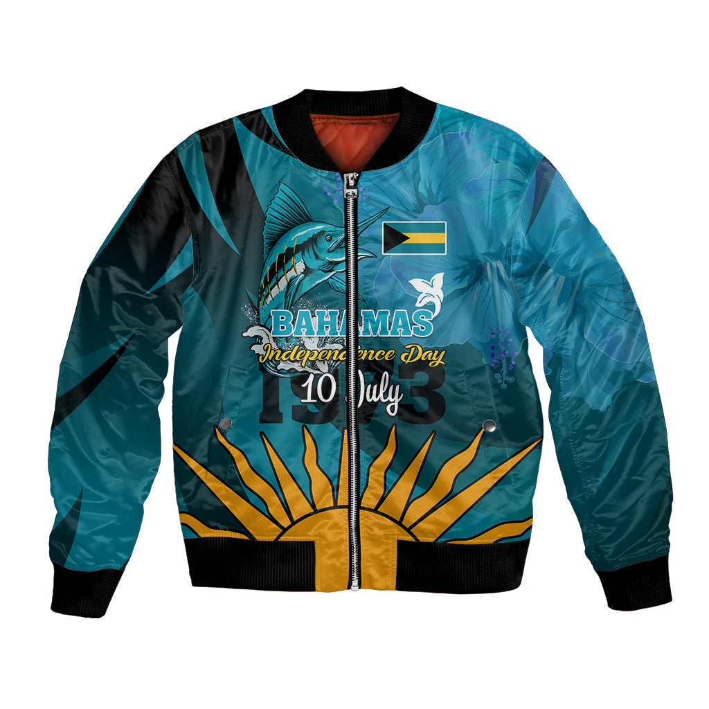 10 July The Bahamas Independence Day Bomber Jacket Bahamian Blue Marlin With Hibiscus LT01